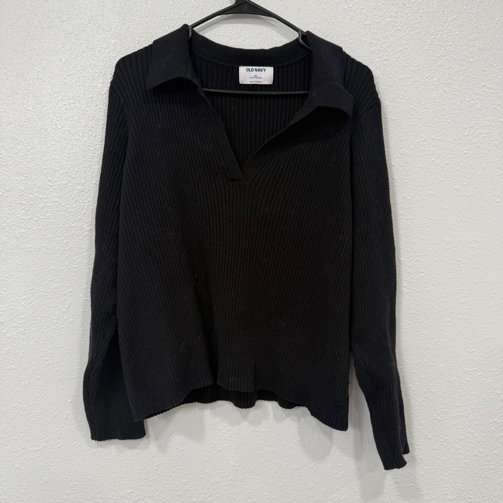 OLD NAVY Womens Black Ribbed Collared V Neck Sweater Pullover XXL
